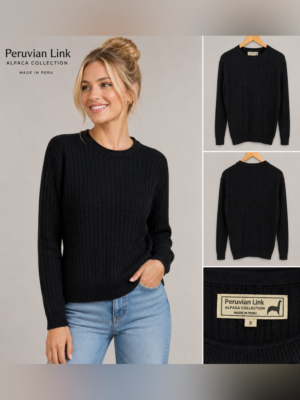 Peruvian Link Alpaca Collection Black 100% Alpaca Wool Cable Knit Sweater S